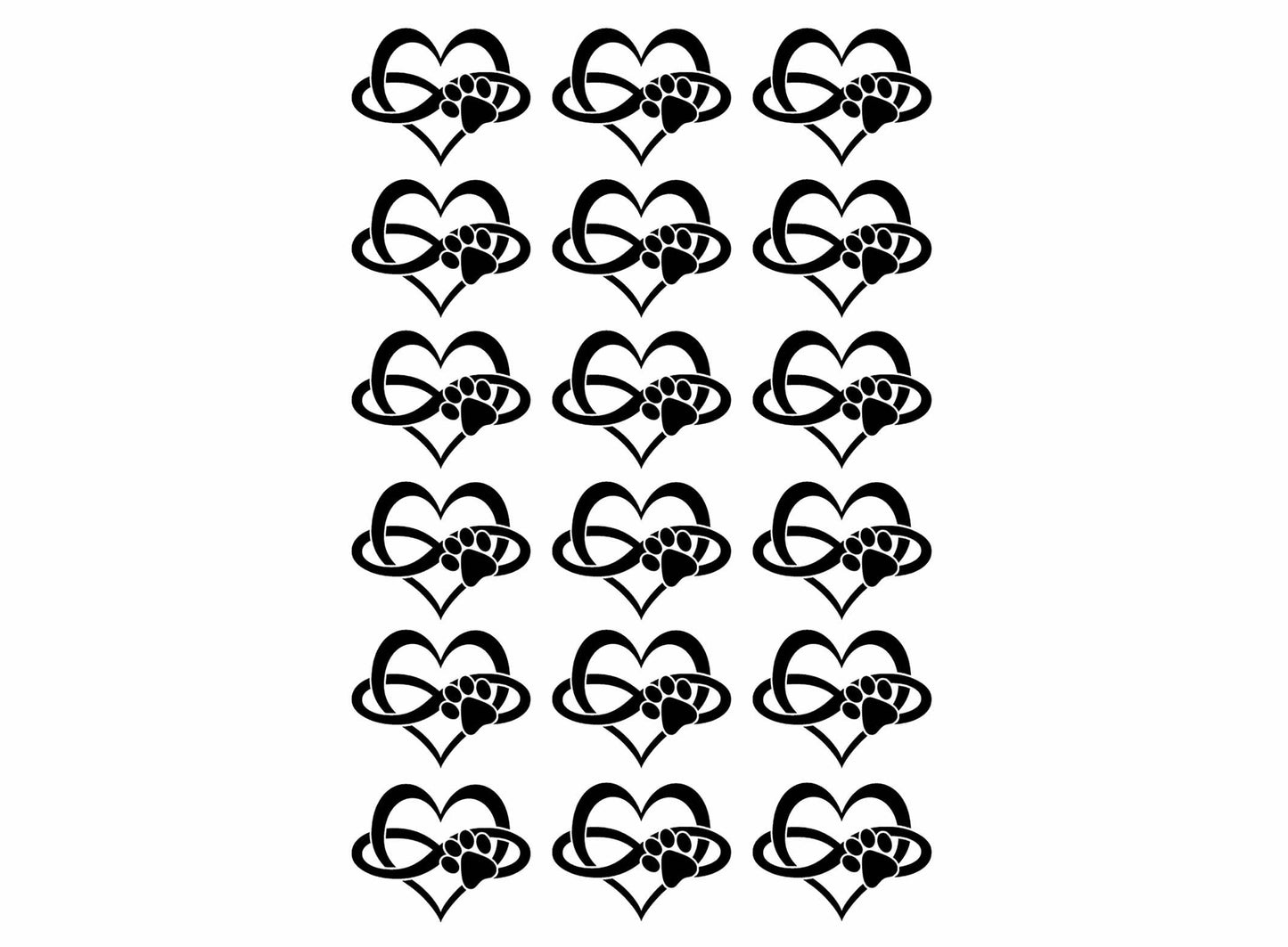 Heart Paw Infinity 18 pcs 1" Black Fused Glass Decals