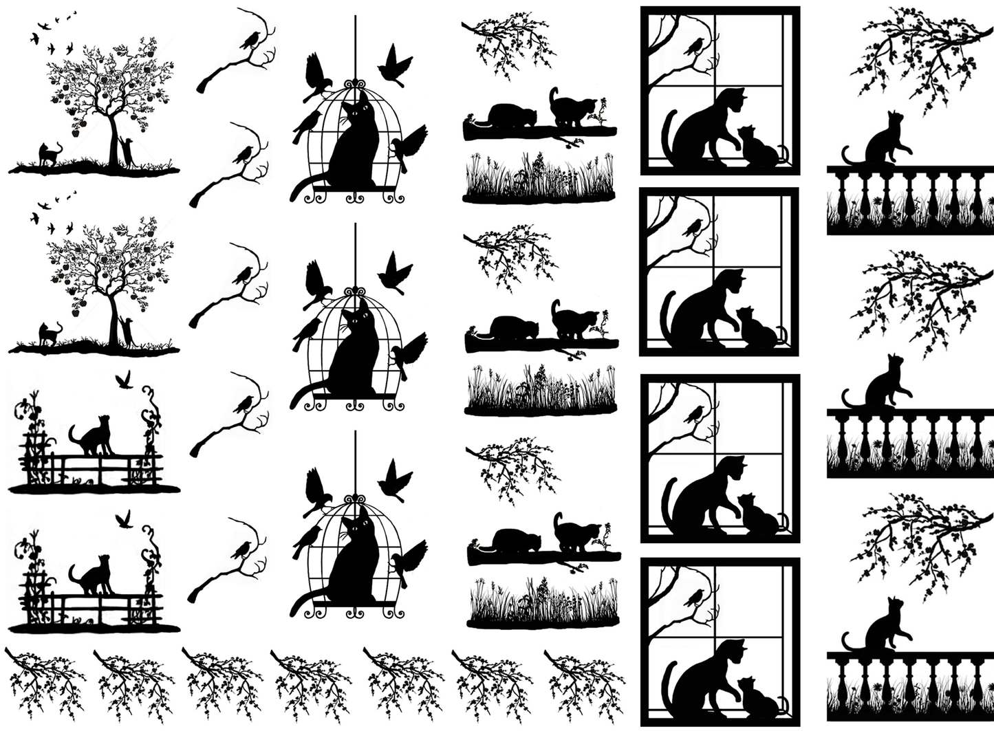 Cat Scenes 29 pcs Black Fused Glass Decals