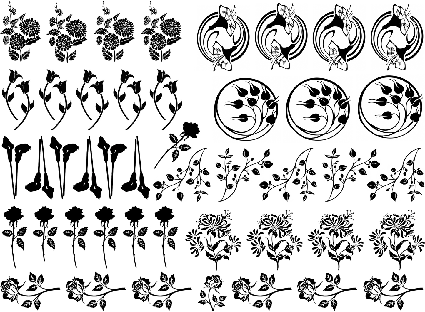 Spring Flowers 45 pcs 1 to 1.15 Inch Black Fused Glass Decals