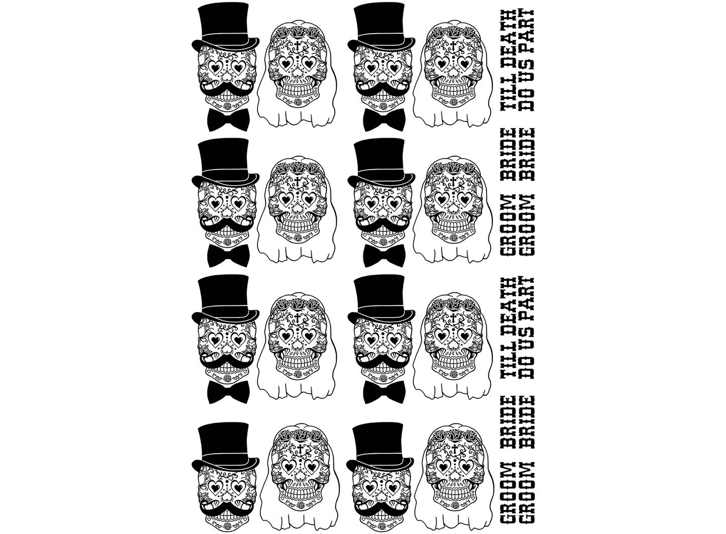 Sugar Skull Bride Groom 16 pcs 1.25 Inch Black Fused Glass Decals