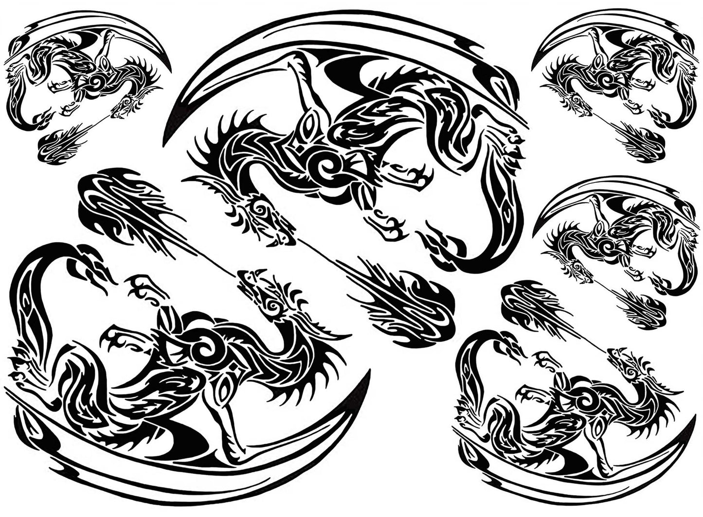 Tribal Dragons 6 pcs 1.75 to 3.75 Inch Black Fused Glass Decals