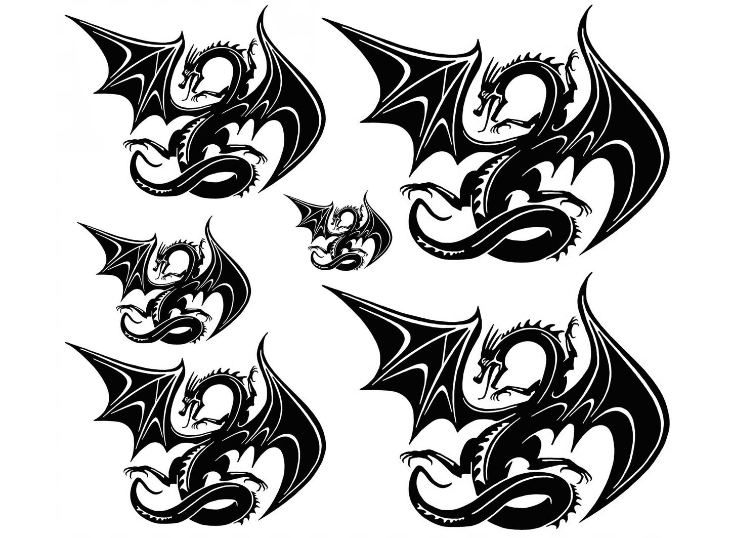 Mystical Dragons 6 pcs 1.25 to 4.25 Inch Black Fused Glass Decals