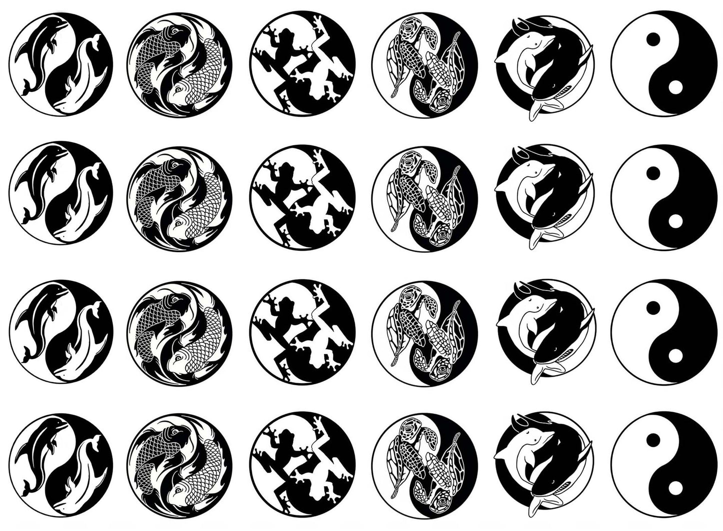 Yin Yang Aquatic Animals 24 pcs 1 Inch Black Fused Glass Decals