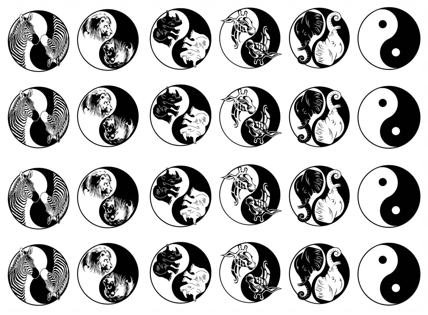 Yin Yang African Animals 24 pcs 1 Inch Black Fused Glass Decals