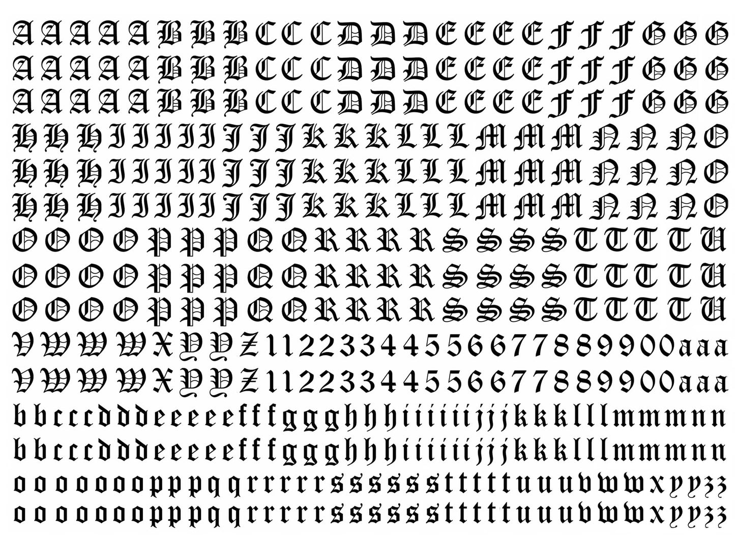 Old English Font Letters 434 pcs 0.25 Inch tall Black Fused Glass Decals