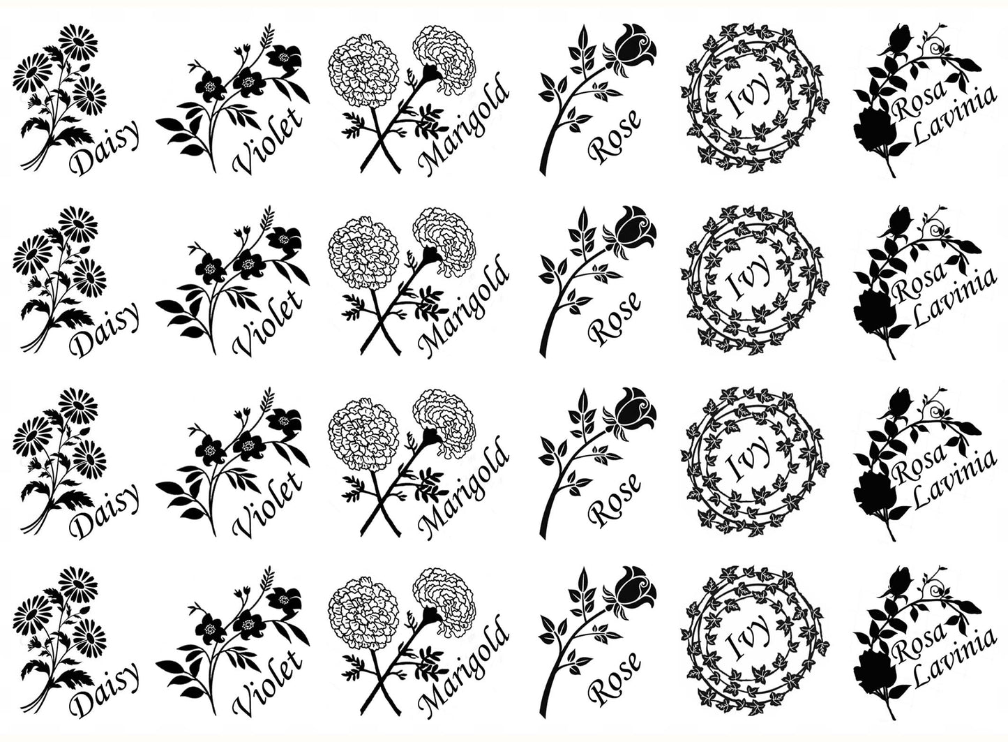 Rose Ivy Marigold Violet Daisy 24 pcs 1 Inch Black Fused Glass Decals