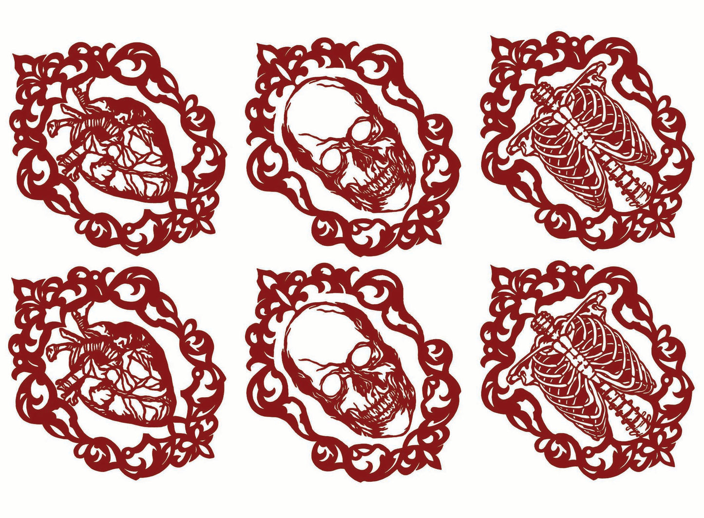 Gothic Heart Skull Ribcage 6 pcs 2.75 Inch Red Fused Glass Decals