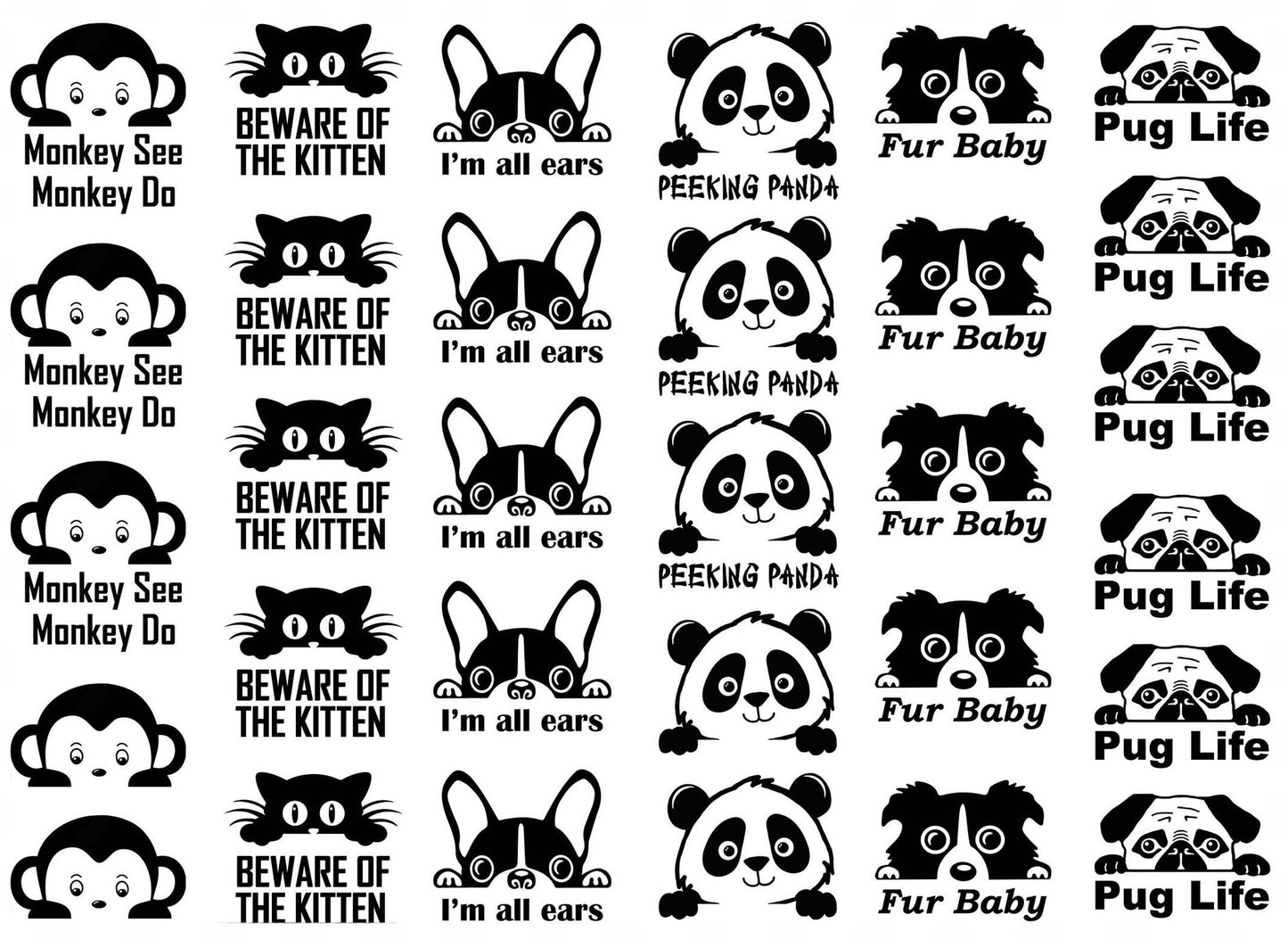 Peeking Cat Dog Monkey Panda 31 pcs 1 Inch Black Fused Glass Decals