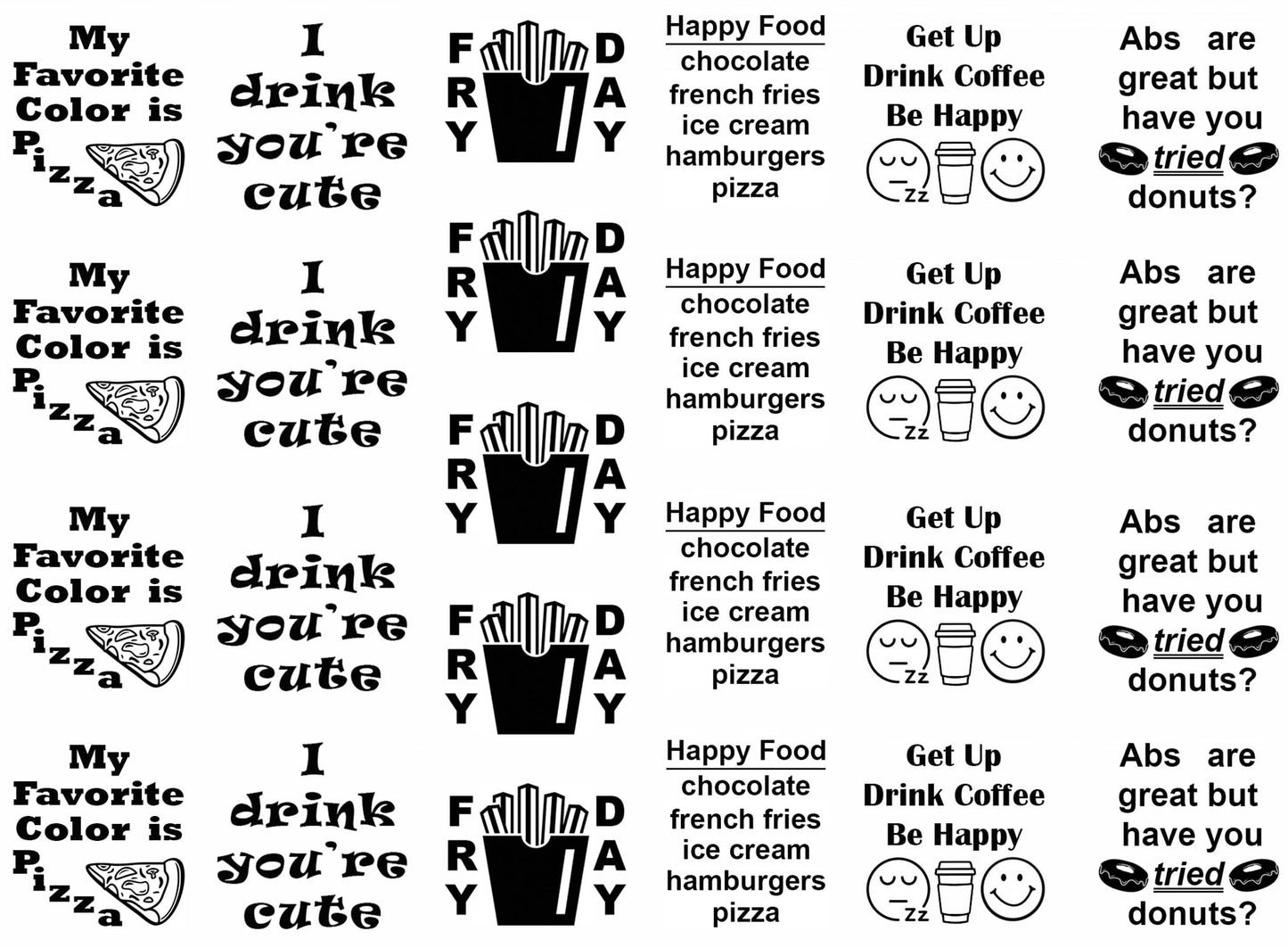 Food Drink Humor 25 pcs 1 Inch Black Fused Glass Decals