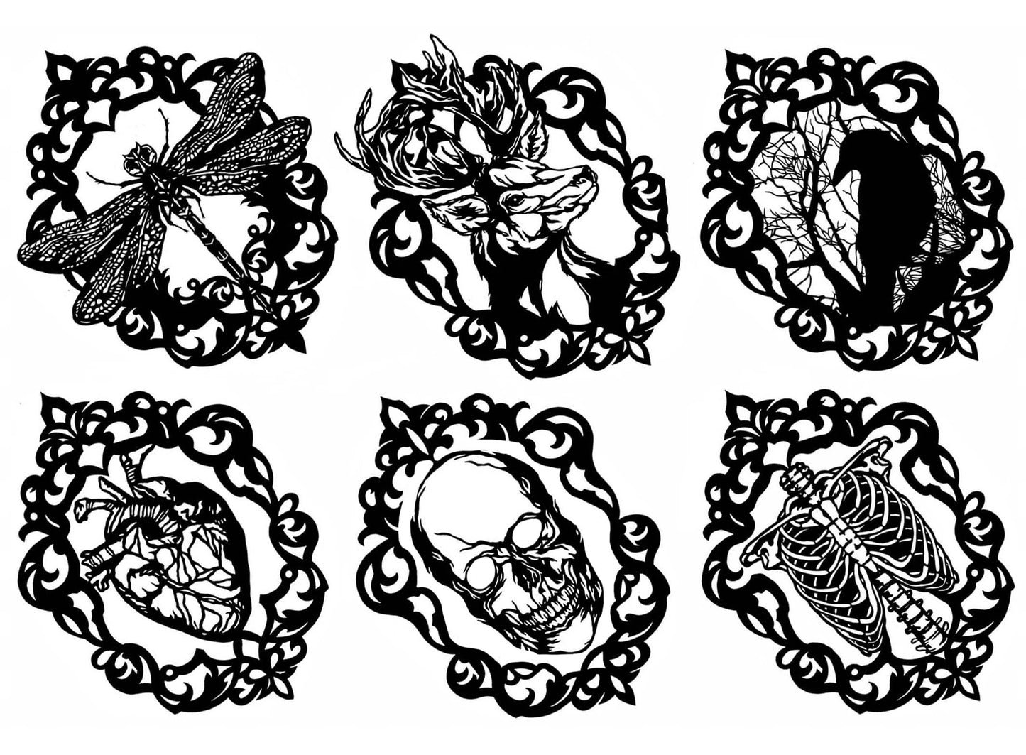 Gothic Cameo Raven Heart Skull 6 pcs 3 Inch Black Fused Glass Decals