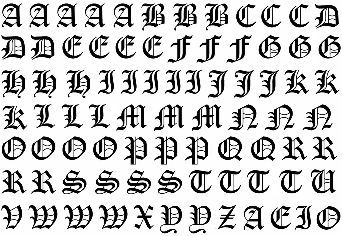 Old English Font Alphabet Upper Case 81 pcs 0.5 Inch tall Black Fused Glass Decals