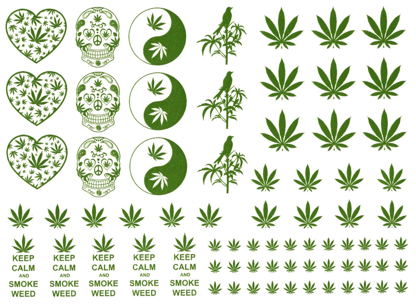 Marijuana Iconography 70 pcs Green Fused Glass Decals
