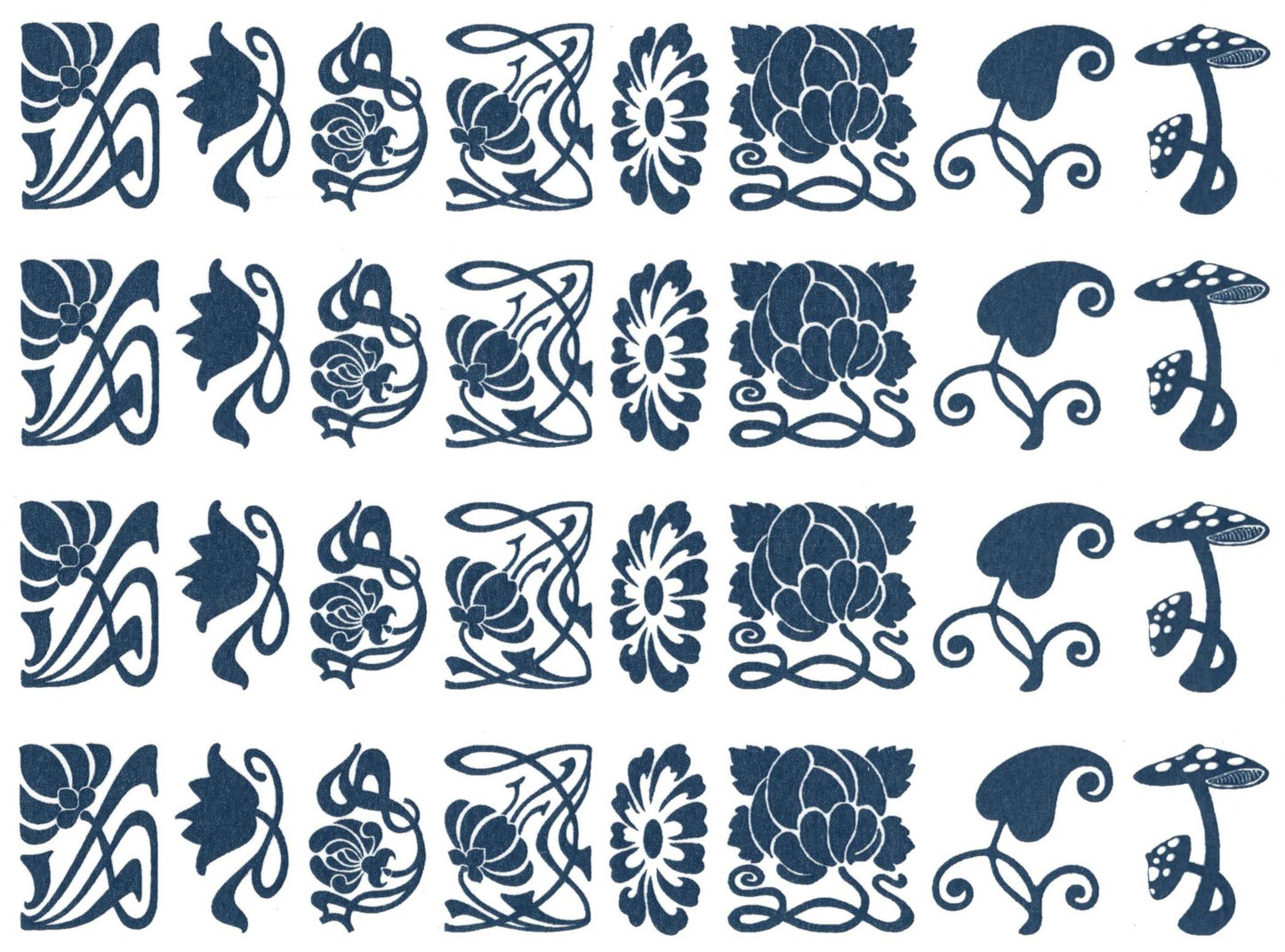 Art Nouveau Flowers 32 pcs 1 Inch Blue Fused Glass Decals