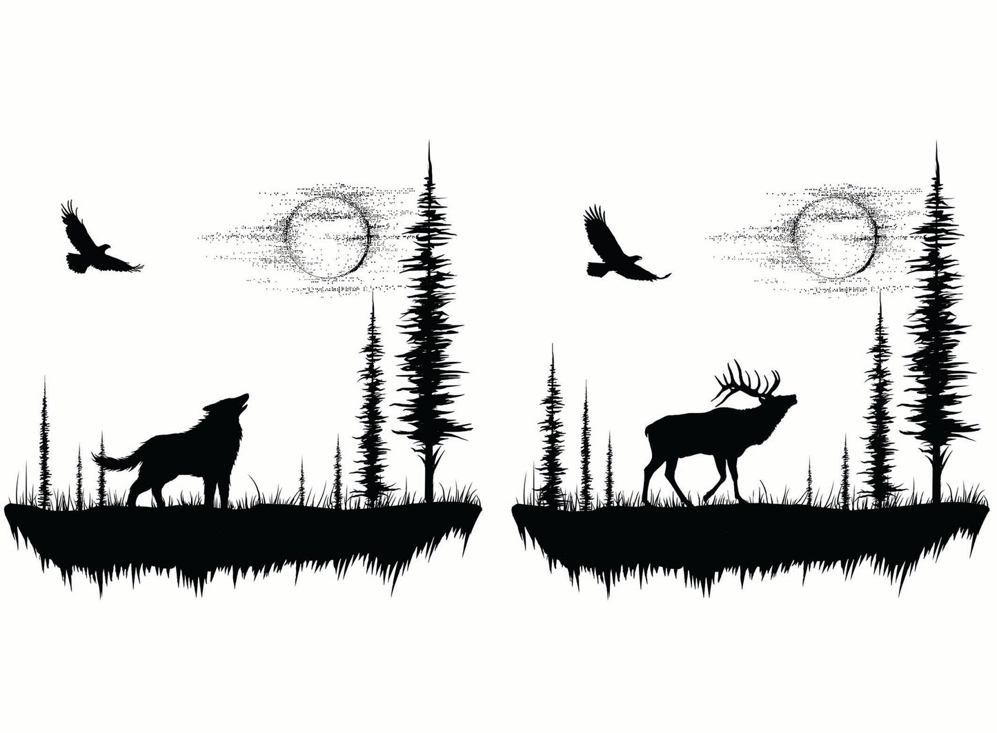 Moon Valley Elk Wolf 2 pcs 4 Inch Black Fused Glass Decals