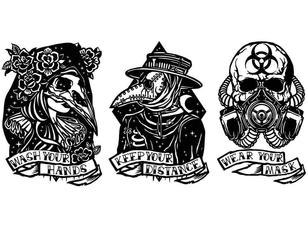 Typhoid Mary Phantom Doctor Skull 3 pcs 4" Black Fused Glass Decals