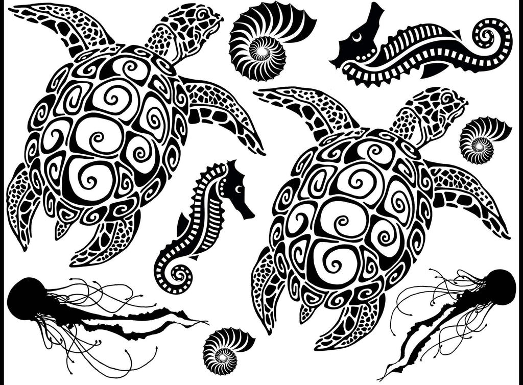 Sea Turtles Seahorses Jellyfish 9 pcs 3/4" to 4" Black Fused Glass Decals