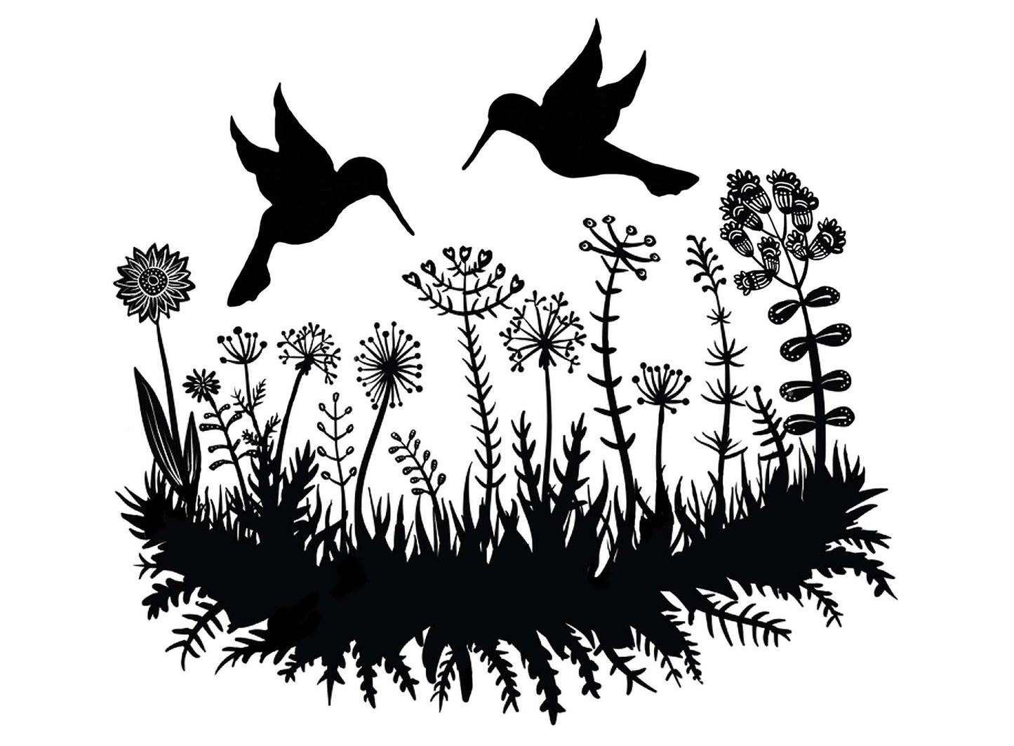 Hummingbird Flower Garden 2 pcs 4 Inch Black Fused Glass Decals