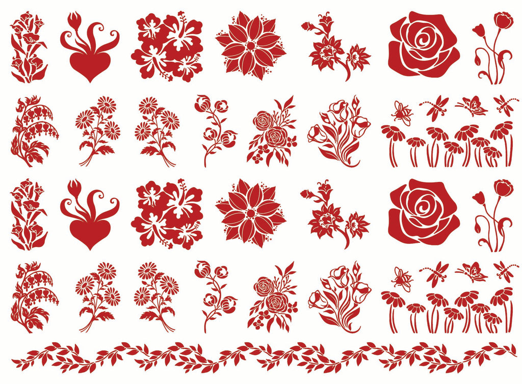 Flowers 29 pcs 1" Red Fused Glass Decals