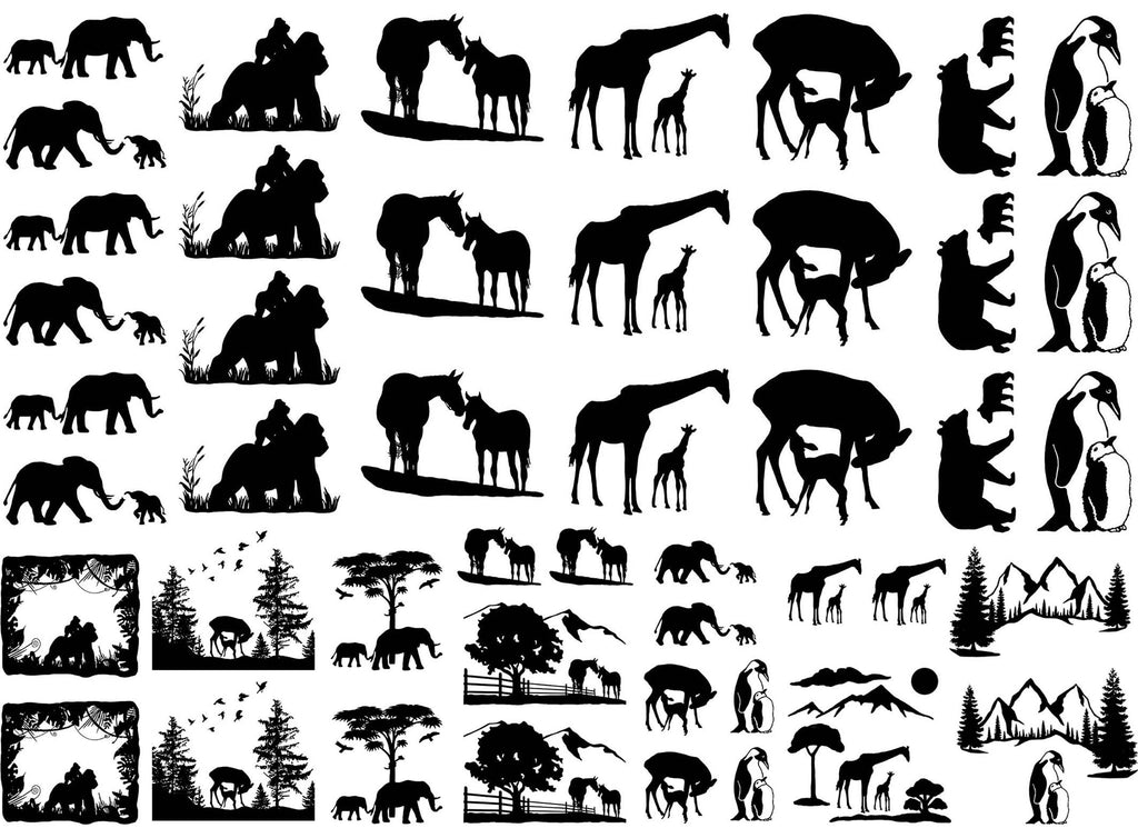 Mom Baby Animals 48 pcs 1" Black Fused Glass Decals