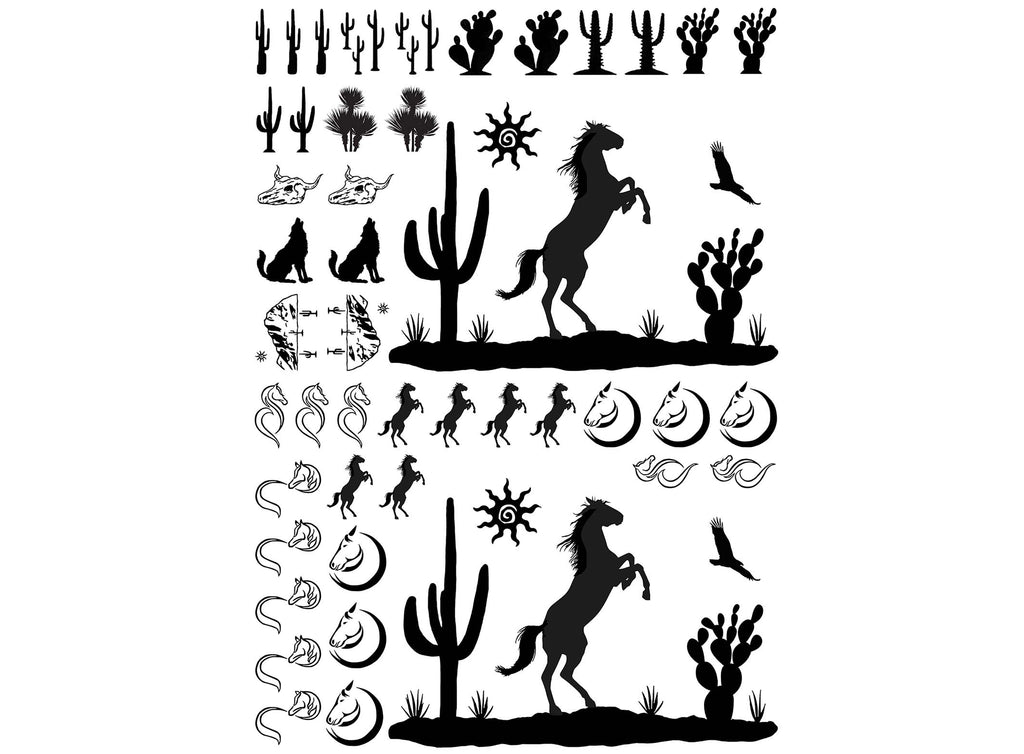 Mustang Horse Desert 45 pcs 5/8" to 3-3/4" Black Fused Glass Decals