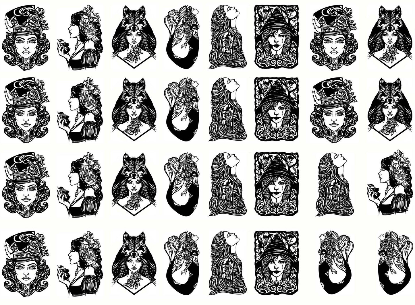 Alice Mermaid Rapunzel 32 pcs Black Fused Glass Decals