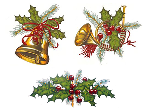 Christmas Horn Bell Holly Pine Overglaze Ceramic Decals