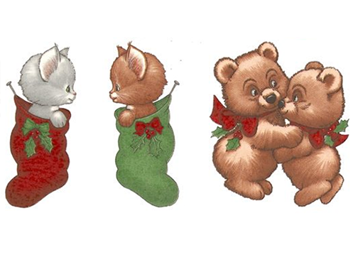 Christmas Kittens Stockings Hugging Bears Overglaze Ceramic Decals