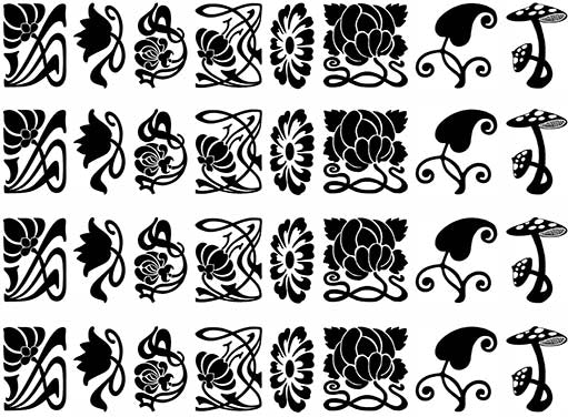 Art Nouveau Flowers 32 pcs 1" Black Fused Glass Decals