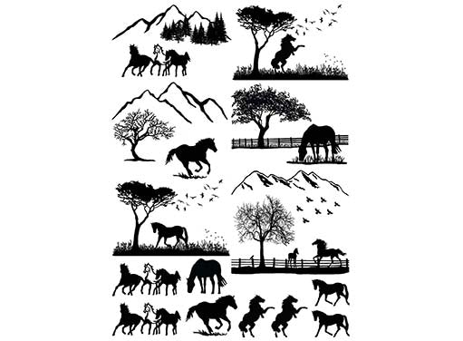 Horse Scenes 6 pcs 2-1/2" Black Fused Glass Decals