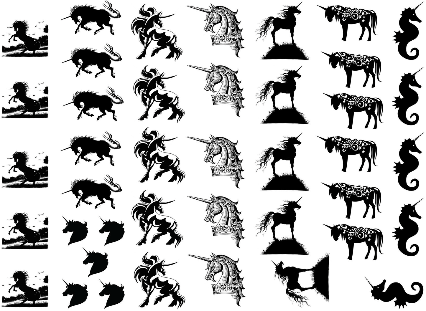 Unicorn Variety 41 pcs 0.5 to Inch Black Fused Glass Decals