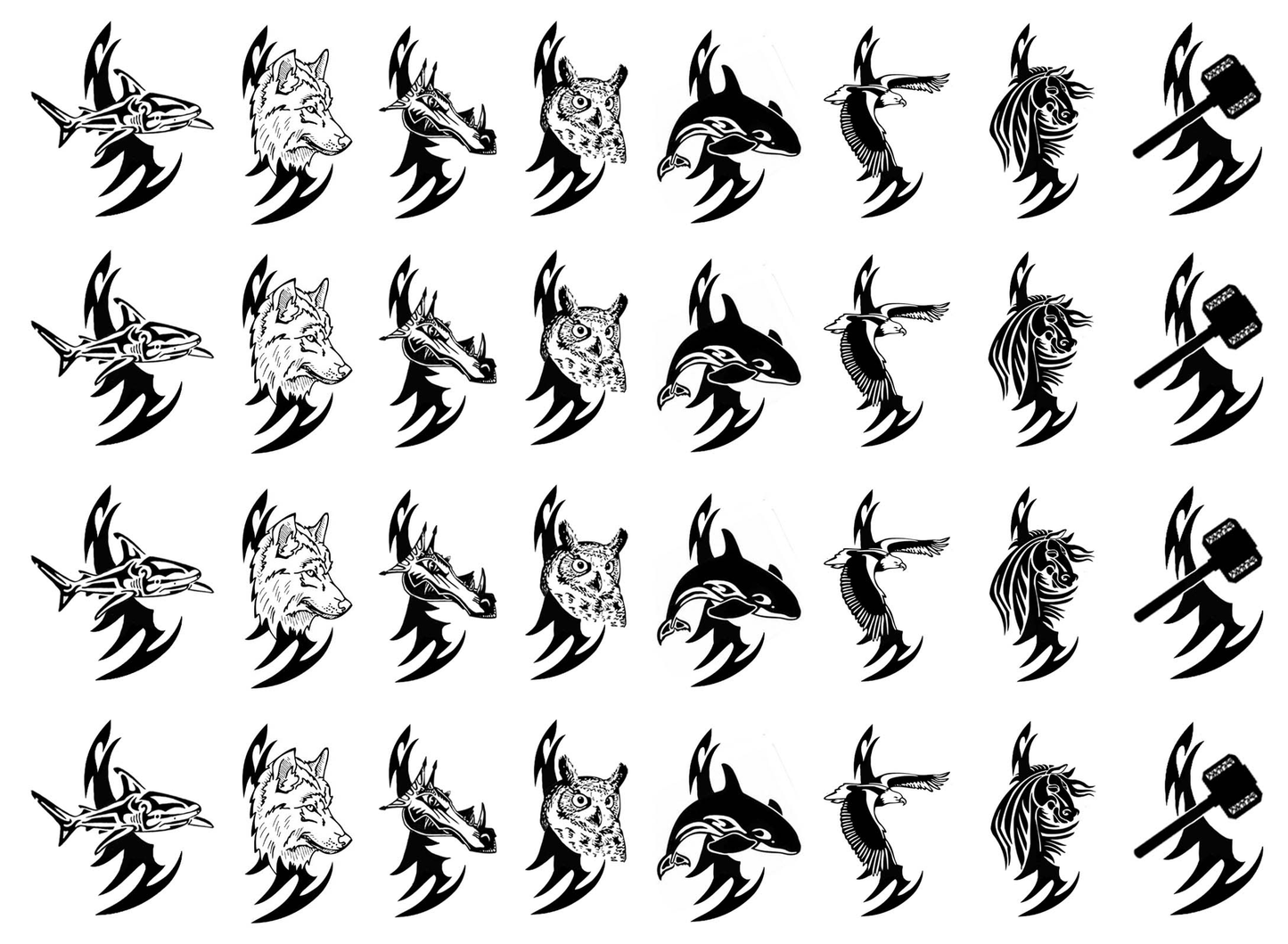 Tribal Dragon Wolf Owl 32 pcs 1.125 Inch Black Fused Glass Decals