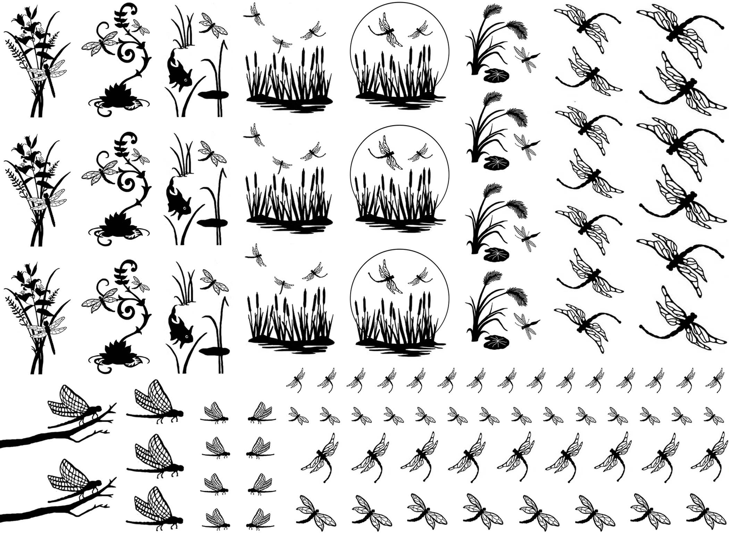 Dragonfly Scenes 92 pcs 0.25 to 1.25 Inch Black Fused Glass Decals