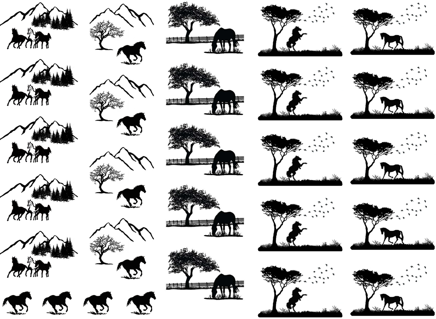 Horse Scenes 23 pcs 1 to 1.25 Inch Black Fused Glass Decals