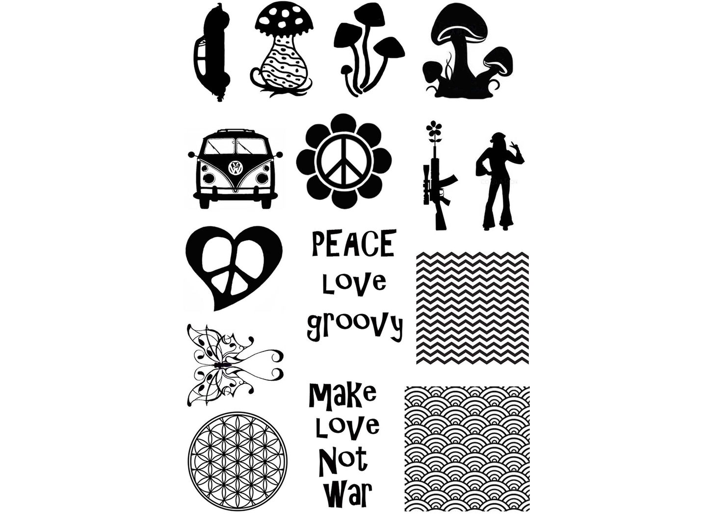 Hippie Retro 17 pcs 1 to 1.25 Inch Black Fused Glass Decals