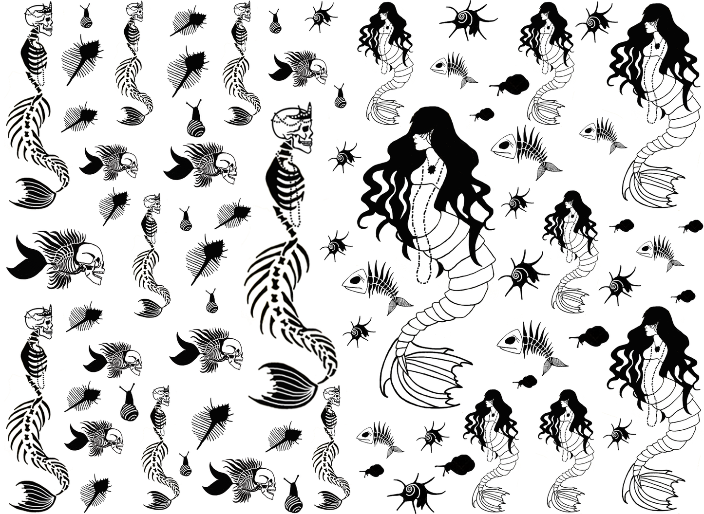 Mermaid Skeleton 73 pcs 0.25 to 3 Inch Black Fused Glass Decals