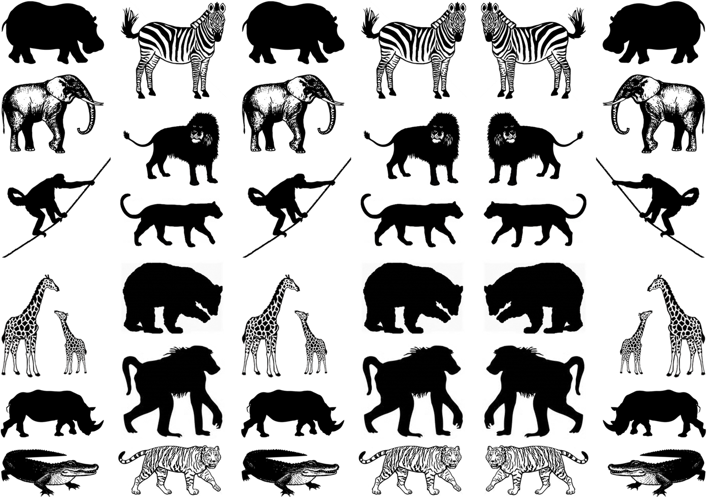 Zoo Hippo Zebra Monkey 36 pcs 1 Inch Black Fused Glass Decals