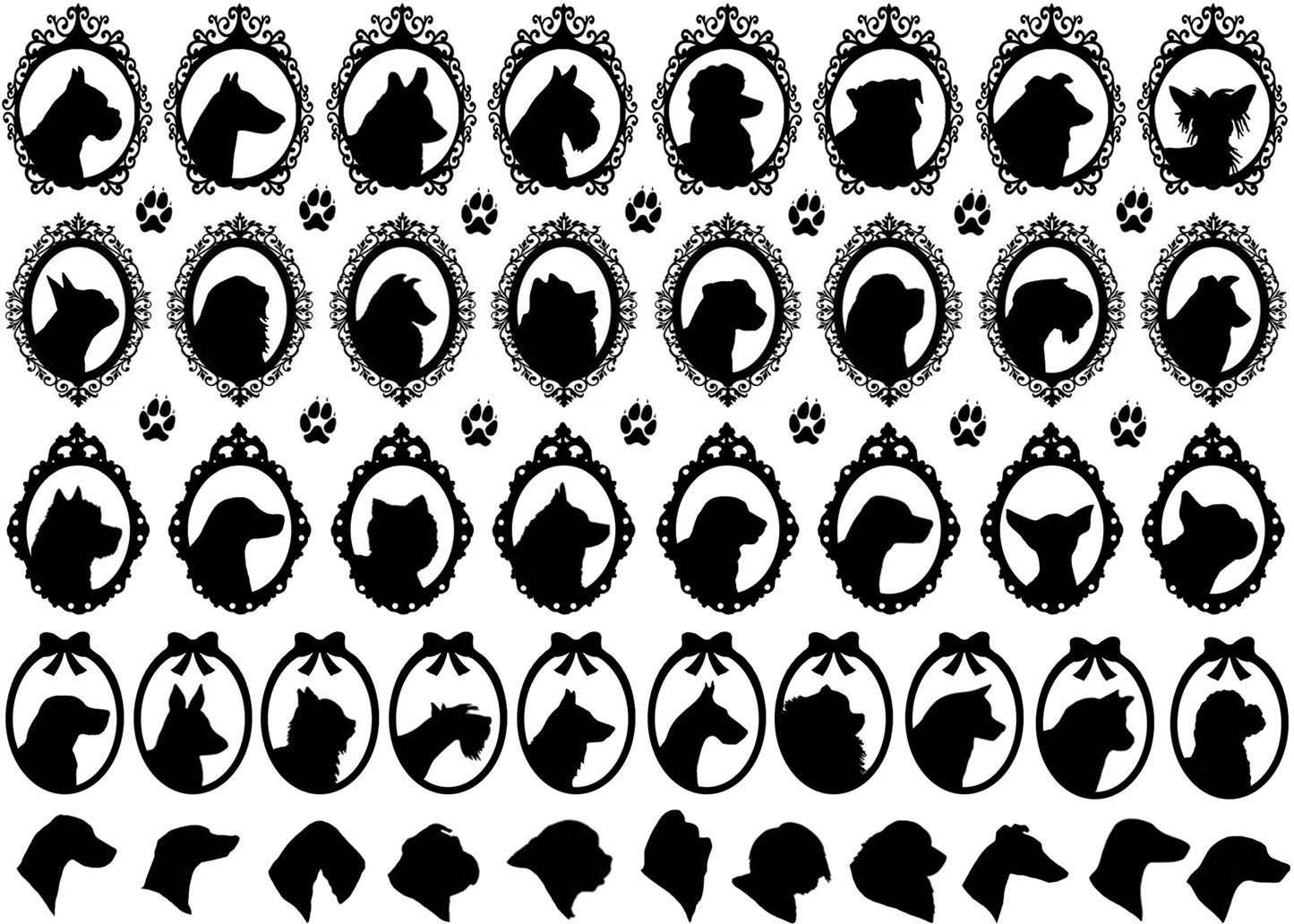 Dog Cameo 59 pcs 1 Inch Black Fused Glass Decals