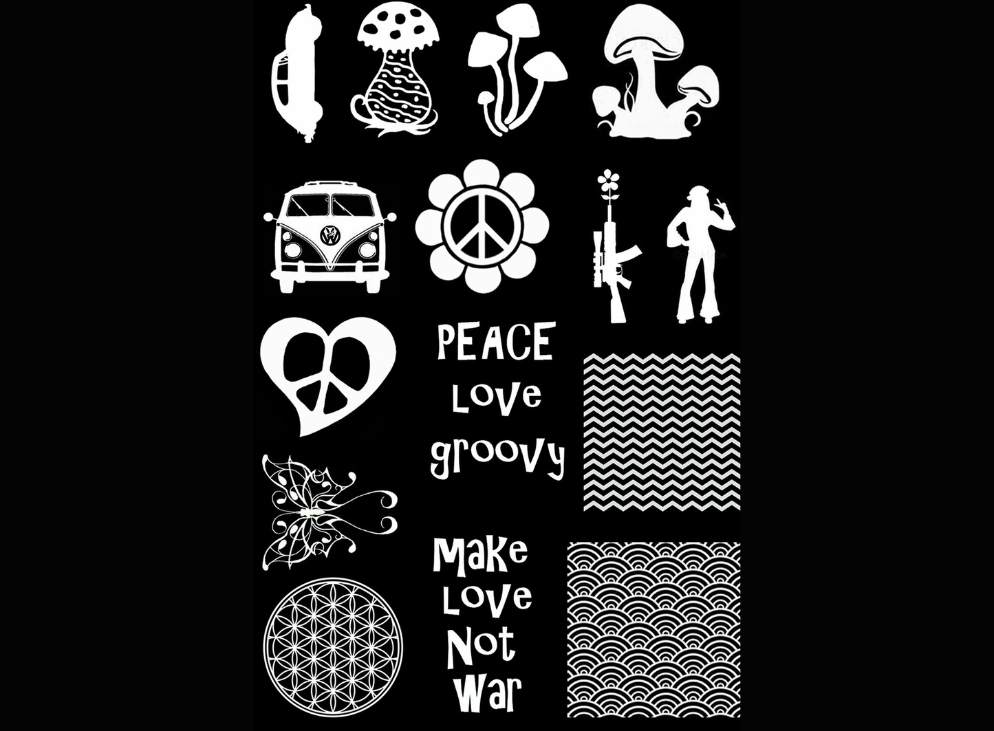 Hippie Retro 17 pcs 1 Inch White Fused Glass Decals