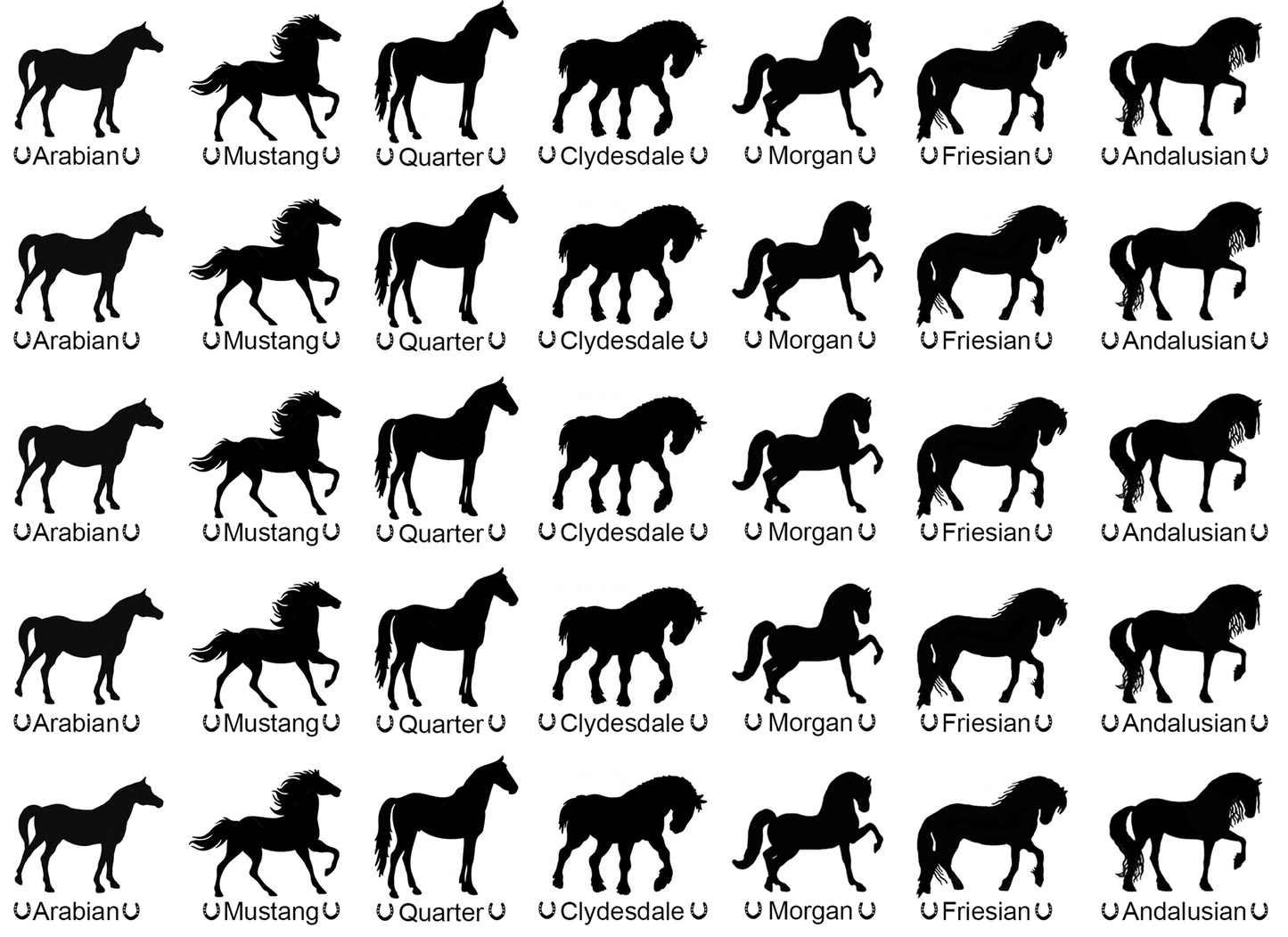 Horse Breeds 35 pcs 0.85 Inch Black Fused Glass Decals