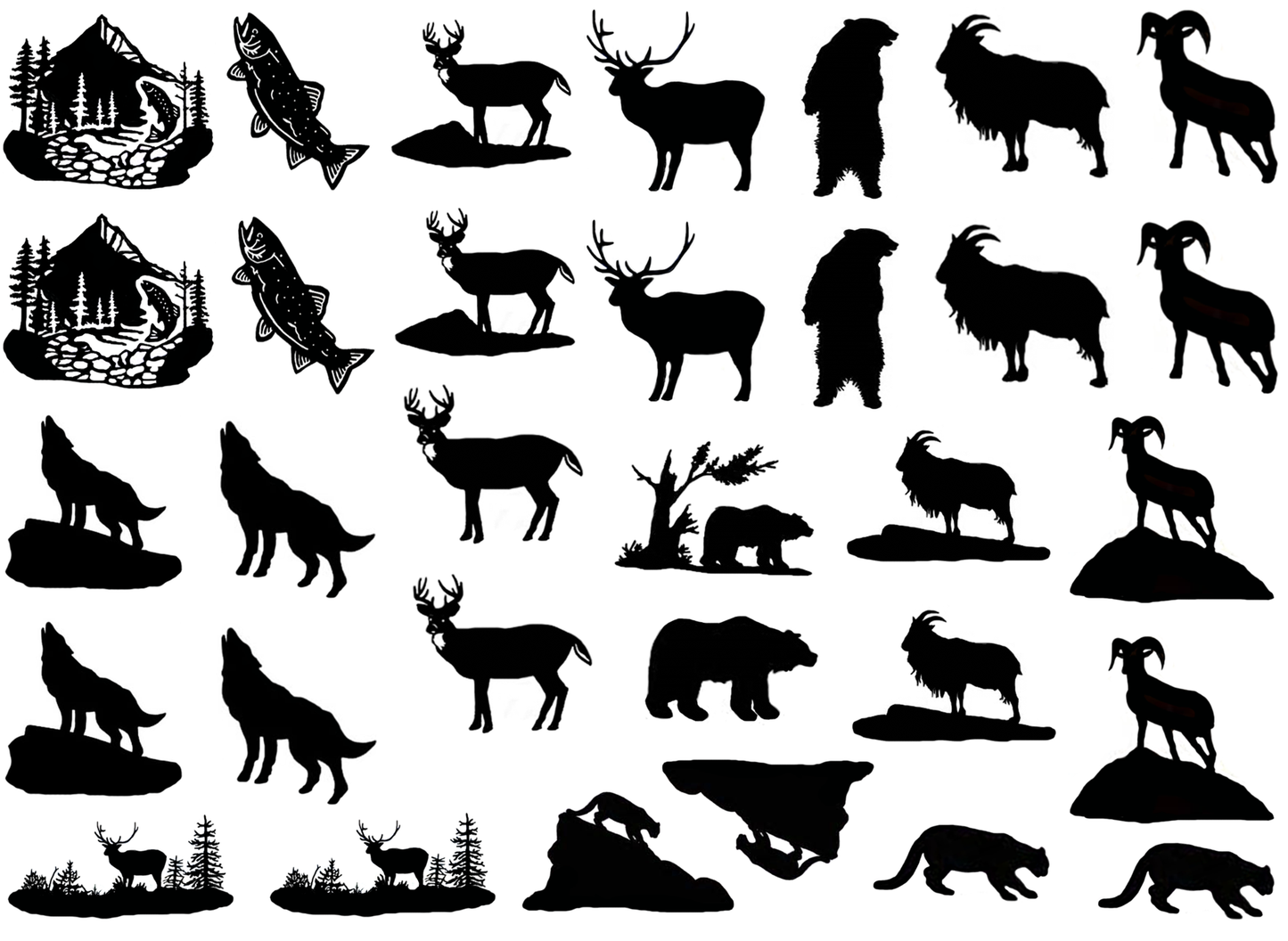Trout Deer Elk Bear Ram 32 pcs 1 Inch Black Fused Glass Decals