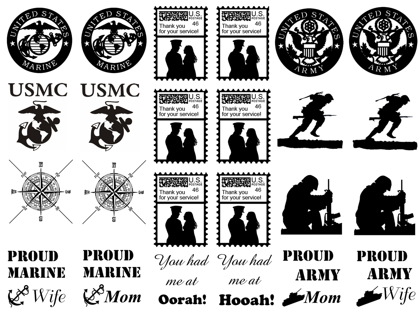 Military Marine Army 24 pcs 1 to 1.25 Inch Black Fused Glass Decals