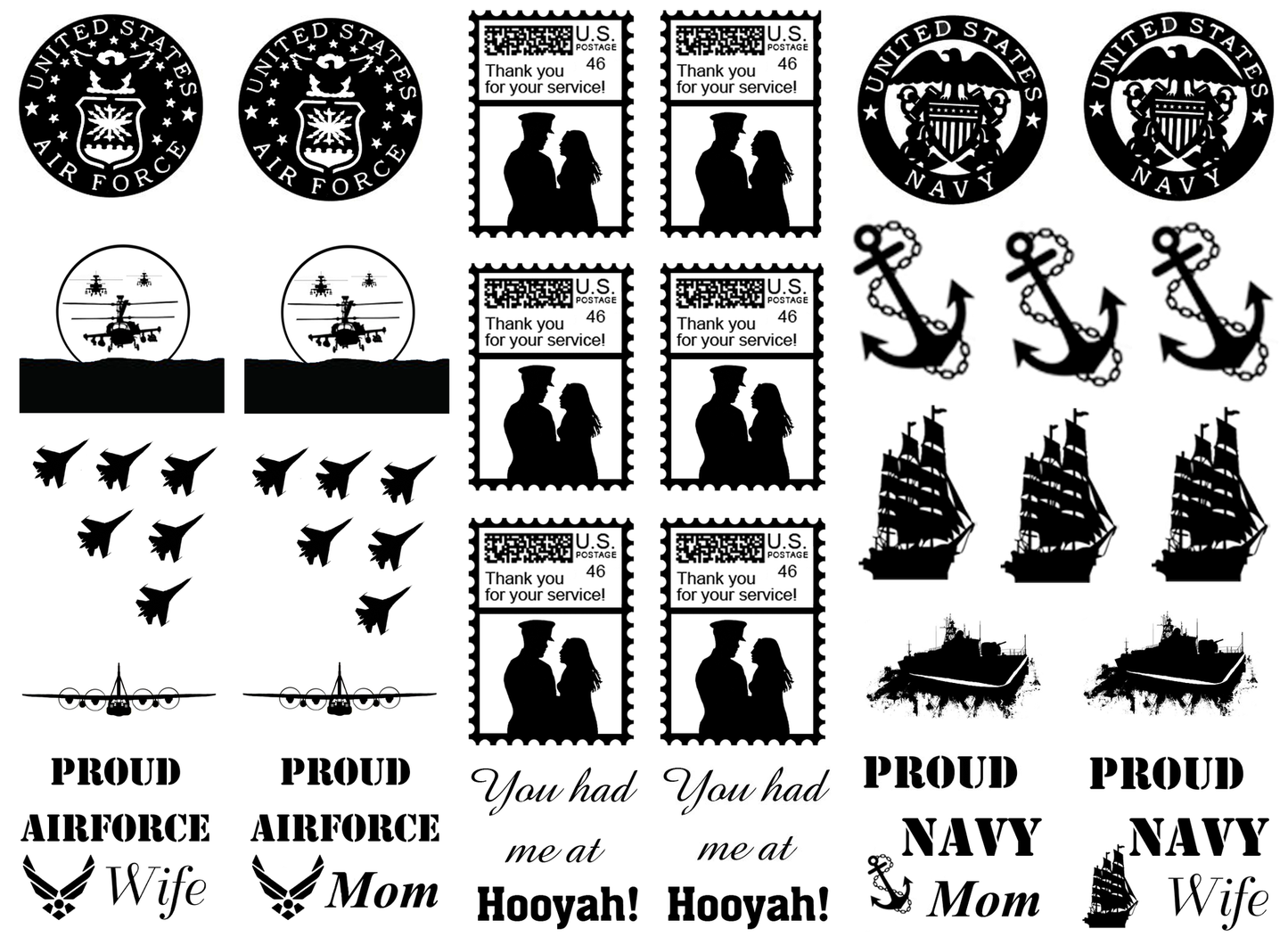 Military Air Force Navy 1 to 1.25 Black Fused Glass Decals