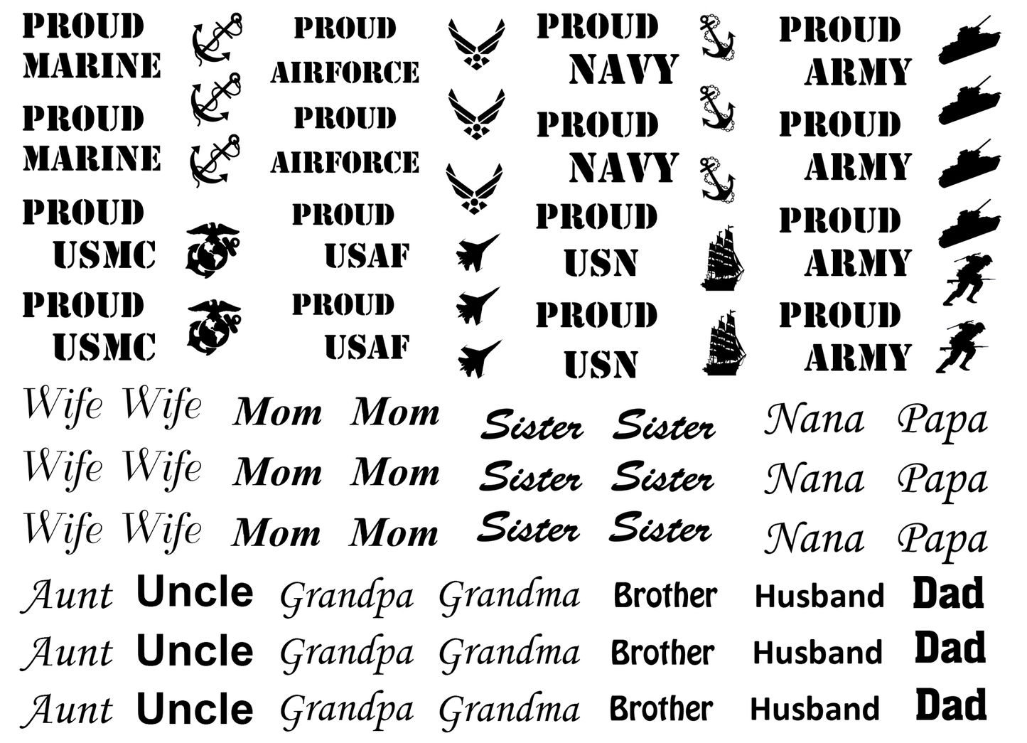 Military Proud 28 pcs 1 to 1.25 Black Fused Glass Decals