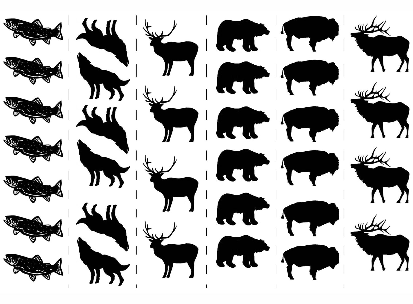 Bear Bison Deer Elk Fish Wolf 33 Pcs 1 Inch Black Fused Glass Decals