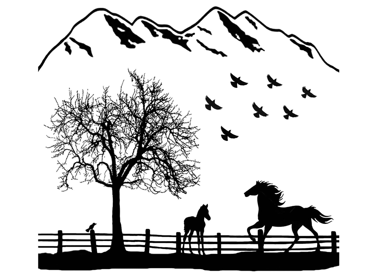 Tree Horse Fence Pasture 2 pcs 4 Inch Black Fused Glass Decals