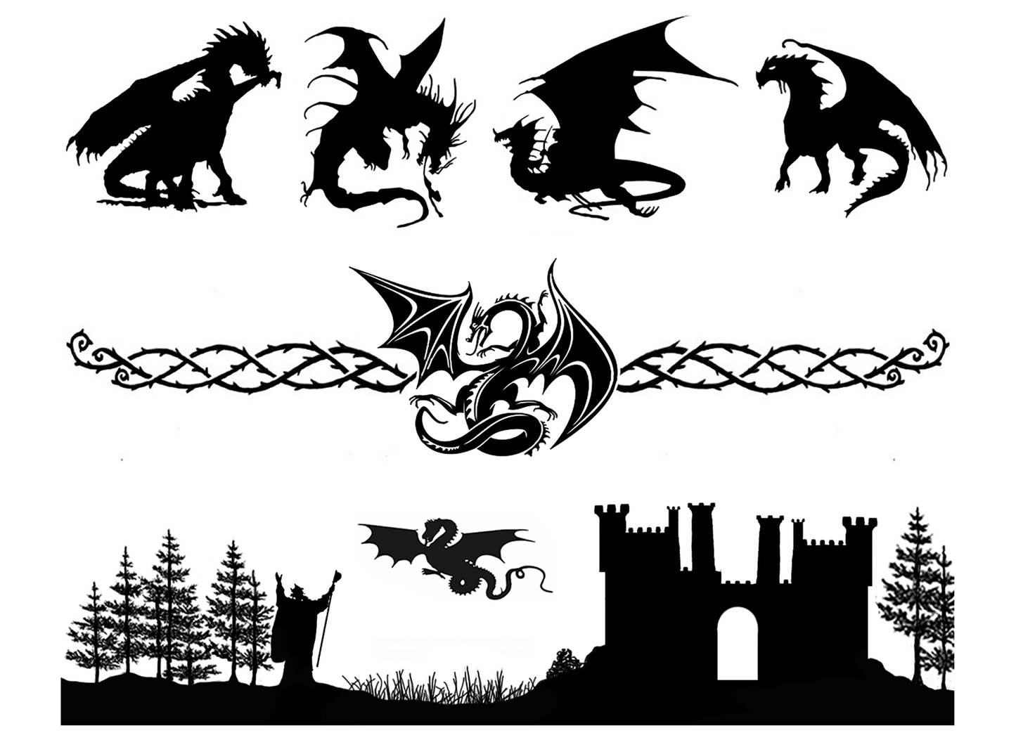 Barrette Dragon 6 pcs 4 Inch Black Fused Glass Decals