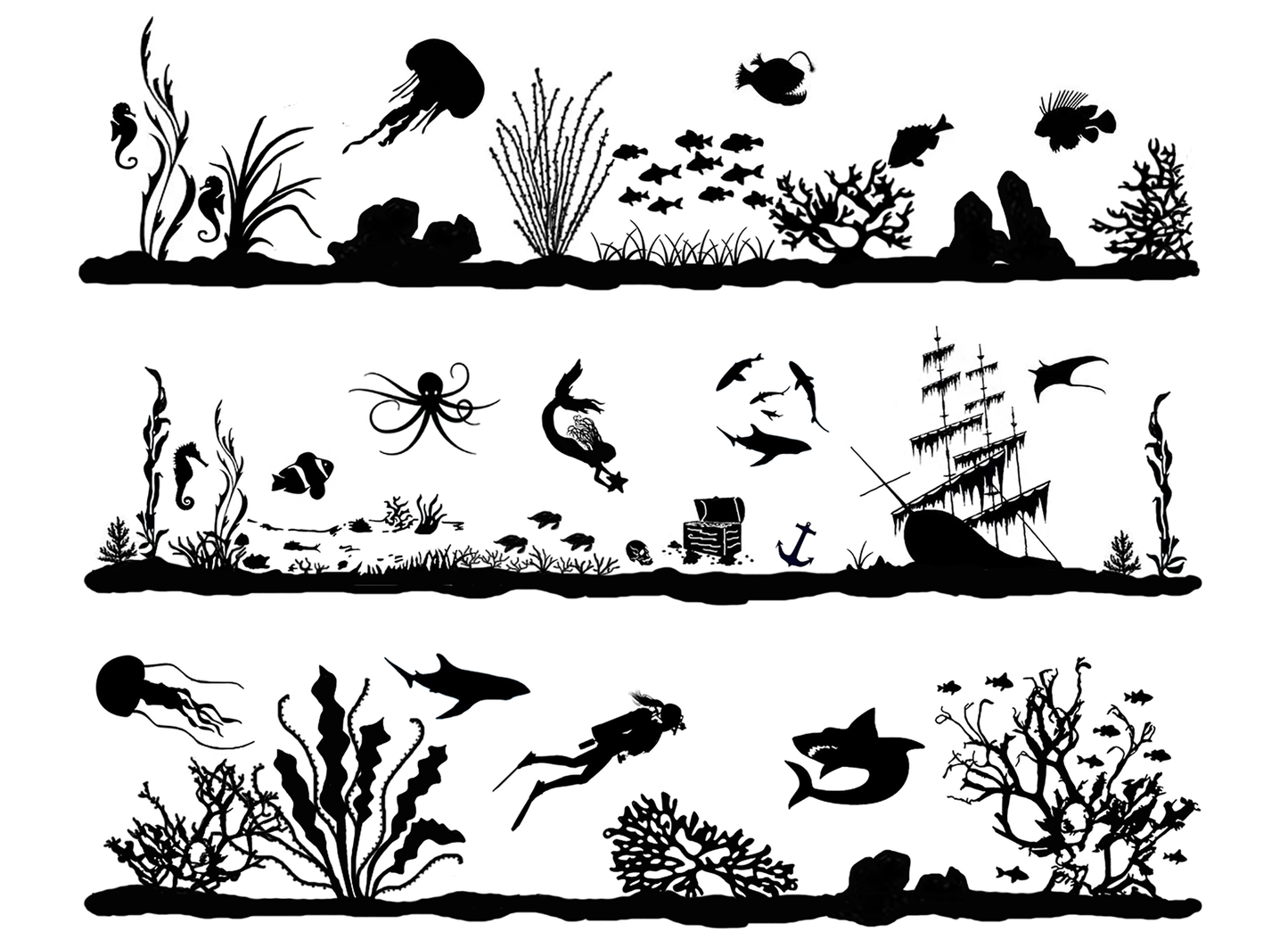 Barrette Ocean Scenes 6 pcs 4 Inch Black Fused Glass Decals