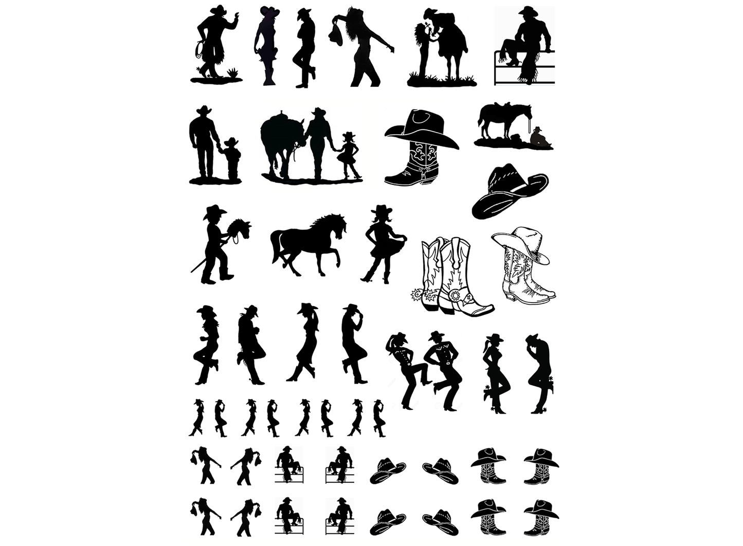 Cowboys Cowgirls 47 pcs 0.25 to 0.75 Inch Black Fused Glass Decals