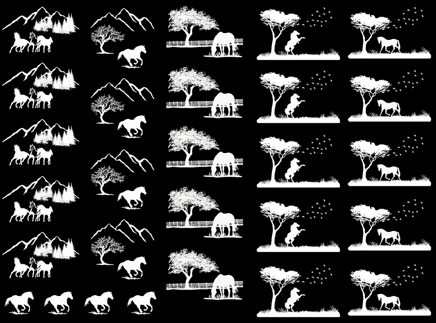 Horse Scenes 23 pcs White Fused Glass Decals