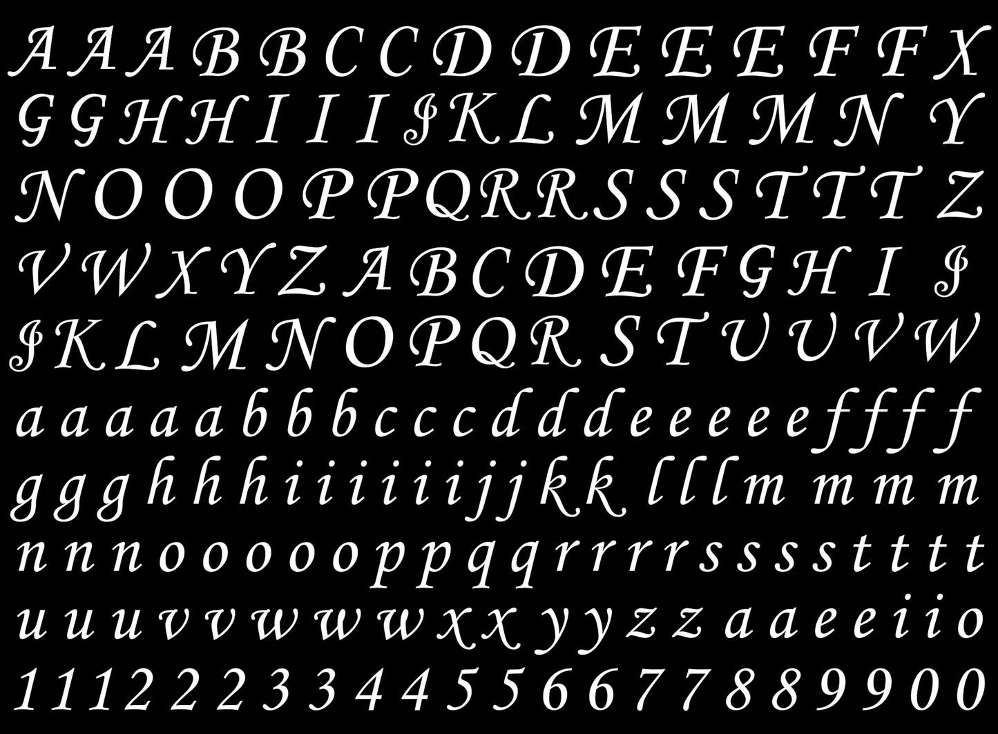 Corsiva Font Alphabet 180 pcs 3/8 Inch Tall White Fused Glass Decals